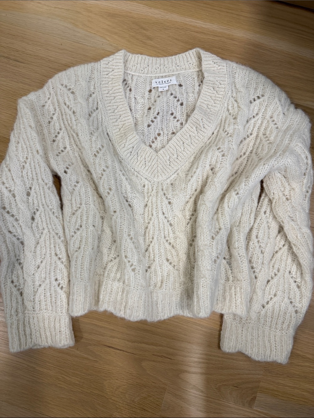 Velvet Cream V-Neck Cable Knit Sweater